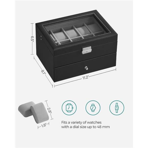 20-Slot Watch Box with Glass Lid, 2 Layers, Lockable Watch Case, Black - Picture 6 of 6